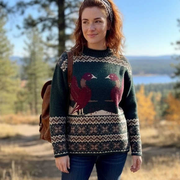 Sweaters - GIO Wool Blend Duck Bird Sweater Cottagecore Vintage Forest Green Geometric Y2K